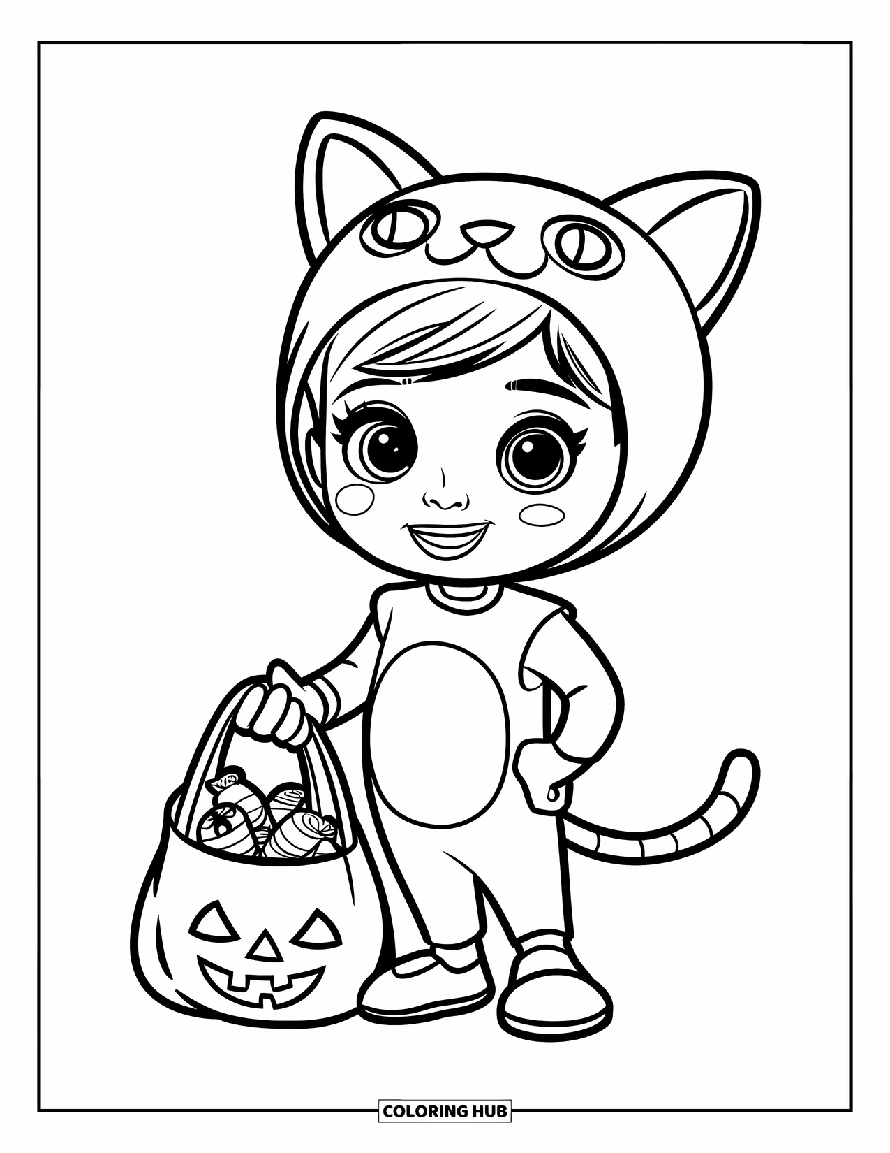 Trick-or-Treat-Ausmalbild für Kinder: Als Katze verkleidetes Kind hält Süßigkeitenbeutel auf weißem Hintergrund