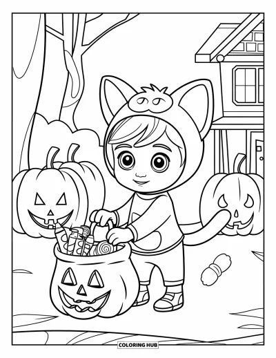 Coloriage Trick or Treat pour enfants : Enfant déguisé en chat avec des citrouilles et une petite maison