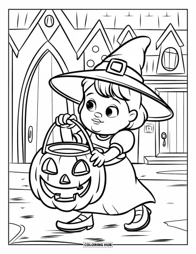 Coloriage Trick or Treat pour enfants : Petite sorcière avec un seau citrouille près d'une maison hantée