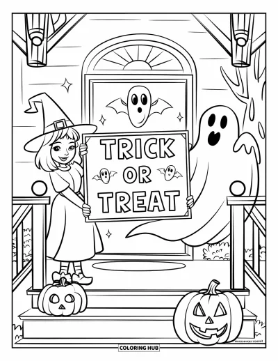 Coloriage Trick or Treat pour enfants : Porche avant avec un fantôme et une sorcière tenant une pancarte "Trick or Treat"