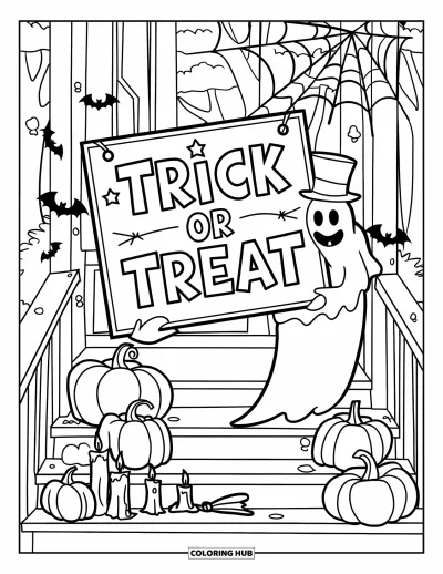 Coloriage Trick or Treat pour enfants : Fantôme en chapeau haut-de-forme tenant une pancarte "Trick or Treat" sur un porche