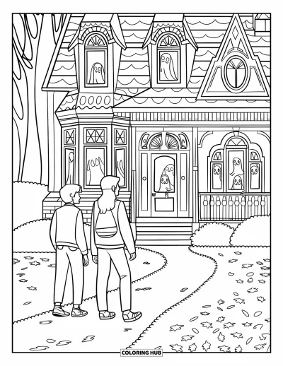 Coloriage Trick or Treat pour enfants : Maison hantée fantomatique avec des adolescents qui s'approchent des marches