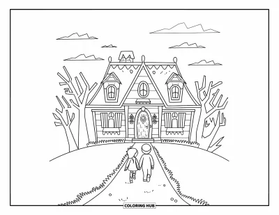 Coloriage Trick or Treat pour enfants : Chemin vers une maison hantée avec deux enfants qui s'en approchent