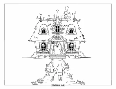 Coloriage Trick or Treat pour enfants : Maison hantée avec des enfants marchant sur un chemin forestier sombre