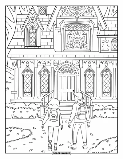 Coloriage Trick or Treat pour enfants : Maison hantée avec deux adolescents portant des sacs à dos