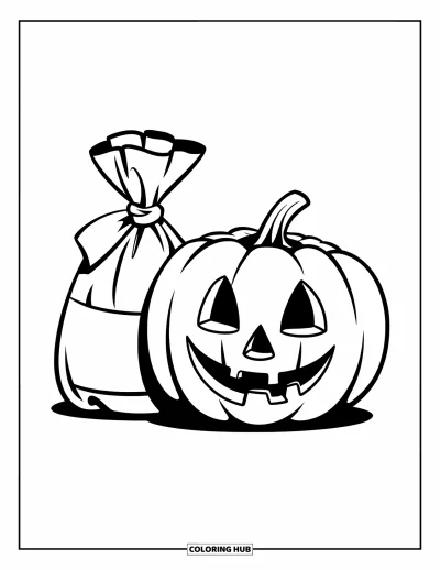 Coloriage Trick or Treat pour enfants : Jack-o'-lantern et sac de bonbons noué avec un ruban