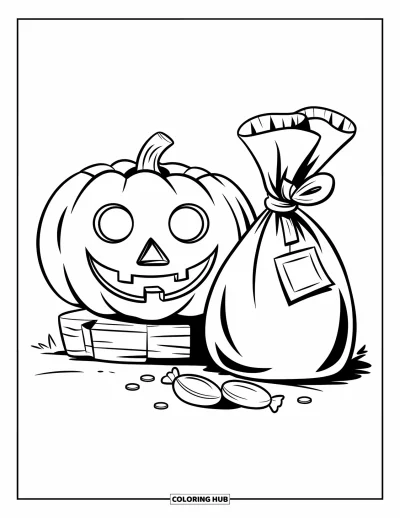 Coloriage Trick or Treat pour enfants : Jack-o'-lantern sur un piquet à côté d'un sac de bonbons noué