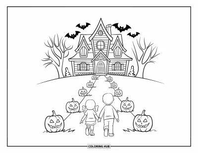 Coloriage Trick or Treat pour enfants : Enfants passant devant des citrouilles et des chauves-souris vers une maison hantée