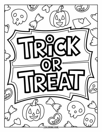 Coloriage Trick or Treat pour enfants : Grande pancarte "Trick or Treat" avec des bonbons et des crânes