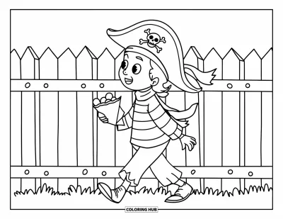 Coloriage Trick or Treat pour enfants : Petit pirate au chapeau penché marchant le long d'une palissade