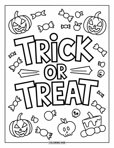 Coloriage Trick or Treat pour enfants : Pancarte "Trick or Treat" espiègle avec des citrouilles et des bonbons
