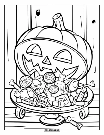 Coloriage Trick or Treat pour enfants : Panier citrouille déversant des sucettes, des chocolats et des bonbons gélifiés