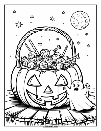Coloriage Trick or Treat pour enfants : Panier citrouille avec des bonbons et un fantôme souriant