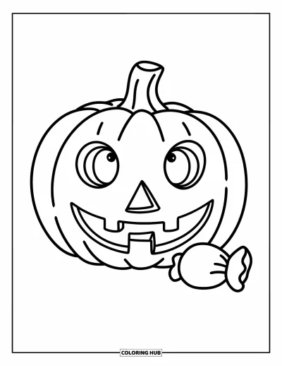Coloriage Trick or Treat pour enfants : Jack-o'-lantern souriant à côté d'un sac de bonbons