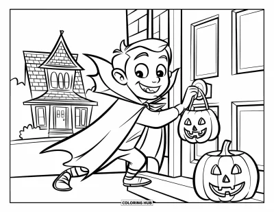 Coloriage Trick or Treat pour enfants : Petit vampire souriant qui frappe à la porte d'une maison hantée