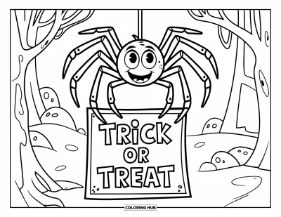 Coloriage Trick or Treat pour enfants : Araignée aux grands yeux suspendue au-dessus d'un panneau forestier