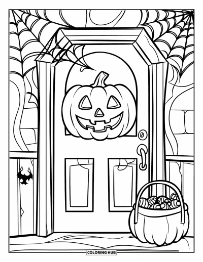 Coloriage Trick or Treat pour enfants : Porte inquiétante avec un jack-o'-lantern et un panier de bonbons