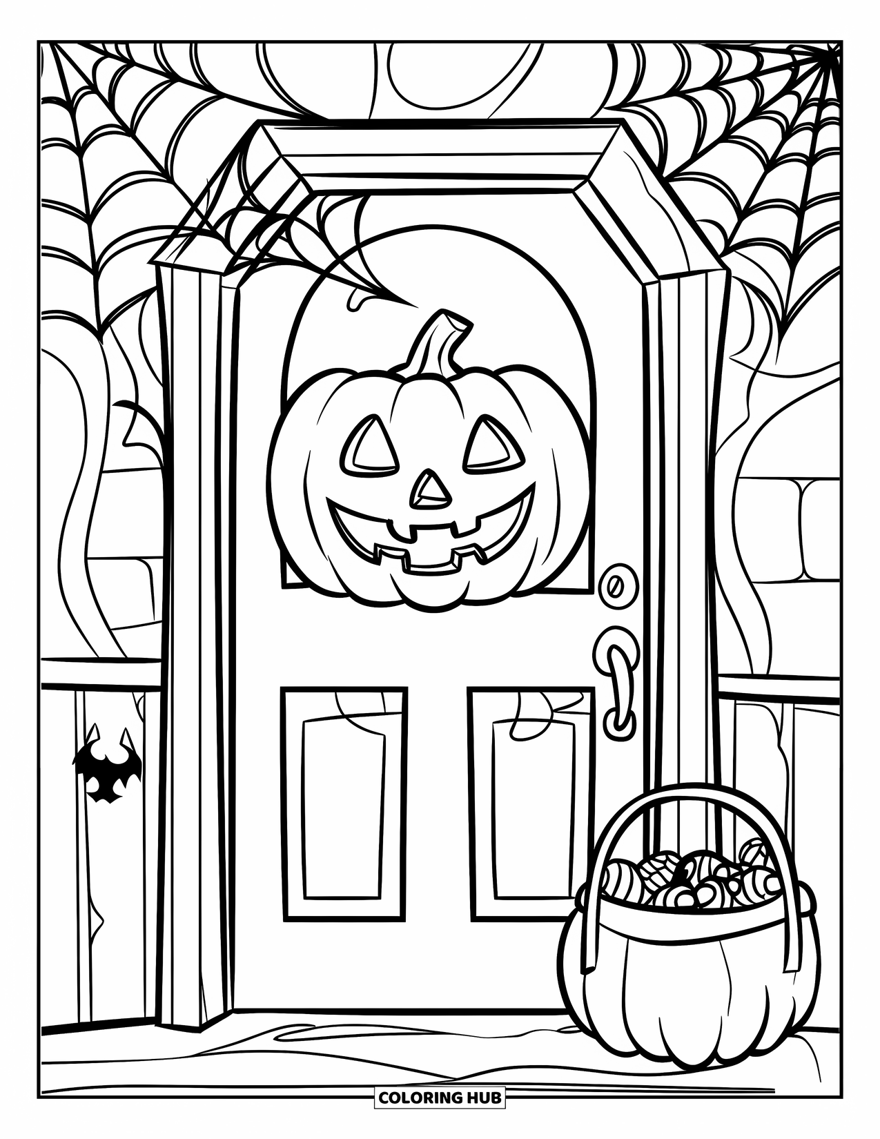 Trick-or-Treat-Ausmalbild für Kinder: Gruselige Tür mit Schnitzkürbis und Süßigkeitenkorb