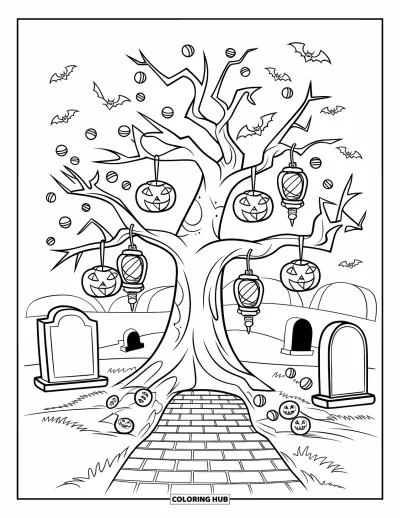 Coloriage Trick or Treat pour enfants : Arbre sinistre avec des chauves-souris, des lanternes et des bonbons suspendus