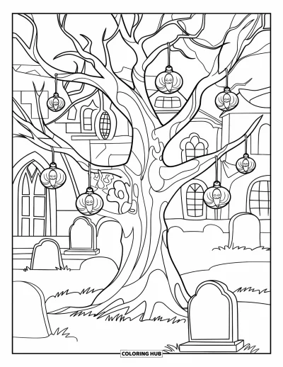 Coloriage Trick or Treat pour enfants : Arbre effrayant avec des lanternes et des bonbons dans un cimetière