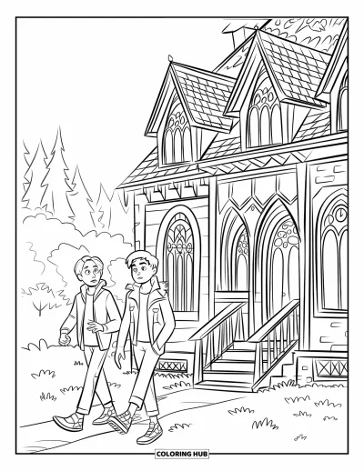 Coloriage Trick or Treat pour enfants : Adolescents marchant vers une maison hantée de style gothique
