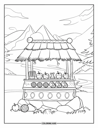 Coloriage Trick or Treat pour enfants : Stand de bonbons au toit de chaume avec des pommes et une vue sur la montagne