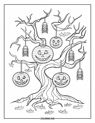 Coloriage Trick or Treat pour enfants : Arbre tordu avec des lanternes-bonbons et des feuilles tombées