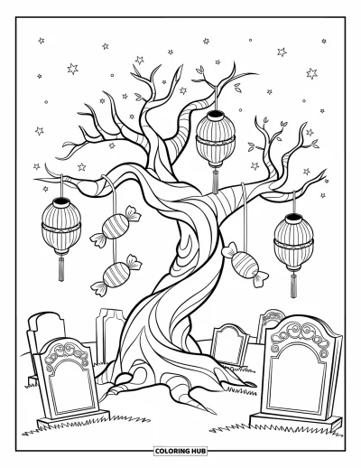 Coloriage Trick or Treat pour enfants : Arbre tordu avec des lanternes, des bonbons et des pierres tombales sculptées