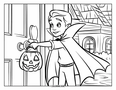 Coloriage Trick or Treat pour enfants : Petit vampire en cape tenant un seau citrouille devant une porte