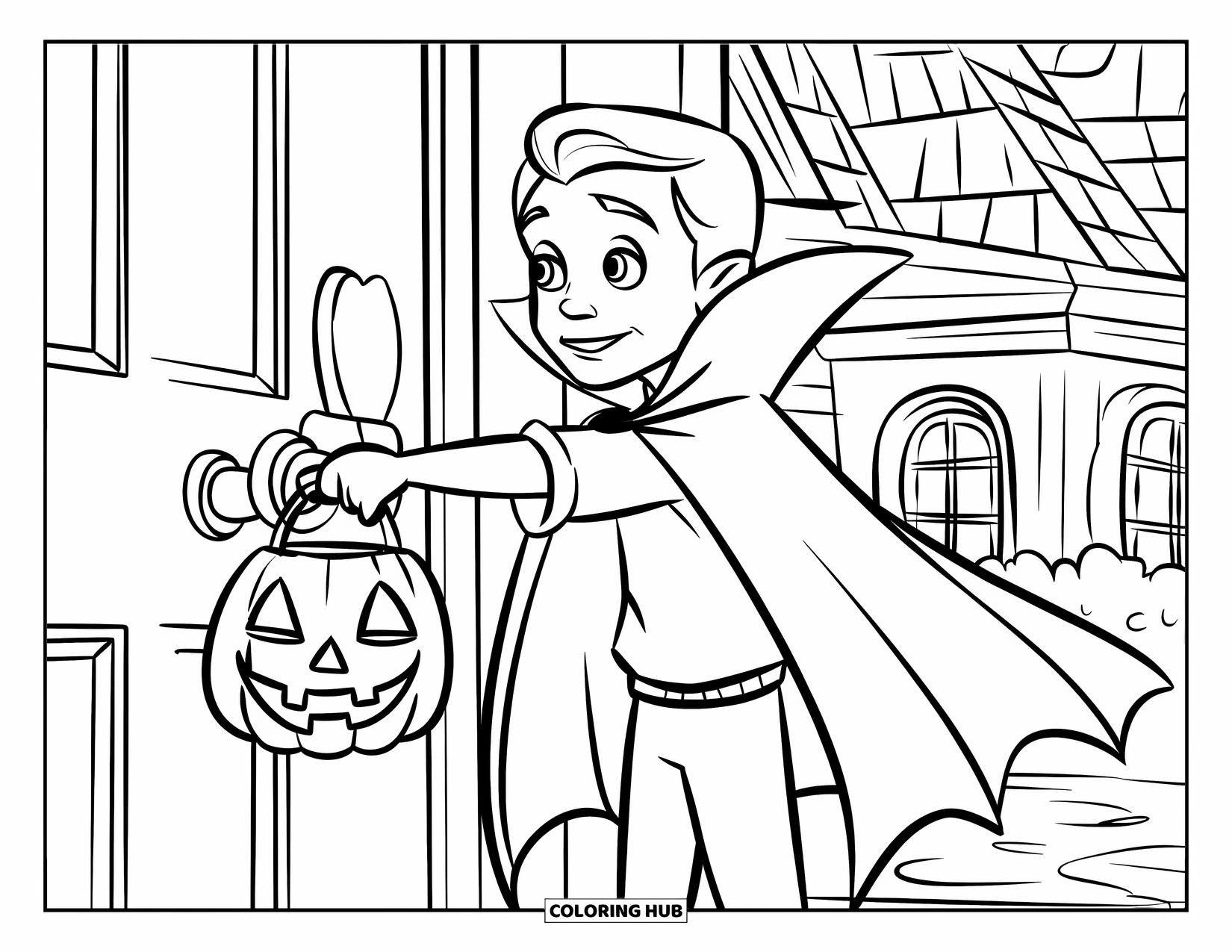 Trick-or-Treat-Ausmalbild für Kinder: Vampirkind im Umhang hält Kürbimeimer an der Tür