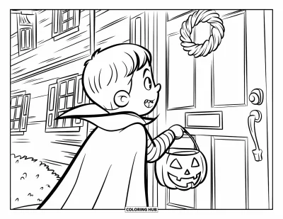 Coloriage Trick or Treat pour enfants : Petit vampire frappant à la porte d'une maison hantée avec son seau