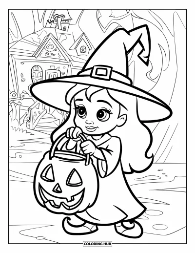 Coloriage Trick or Treat pour enfants : Petite sorcière tenant un seau citrouille devant une maison