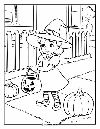 Coloriage Trick or Treat pour enfants : Petite sorcière avec des citrouilles près d'une palissade