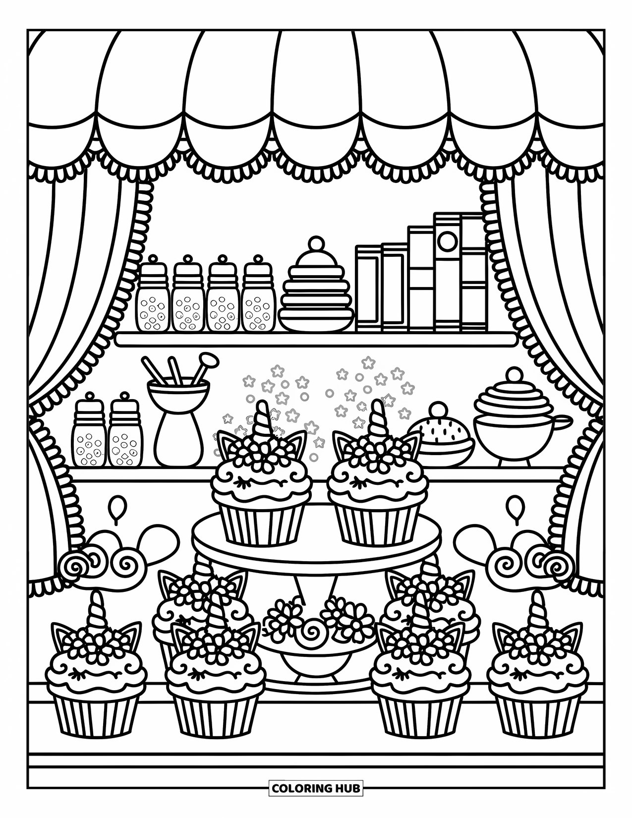Unicorn Cupcake Coloring Page for Adults: Bakery shelves filled with unicorn cupcakes and magical details