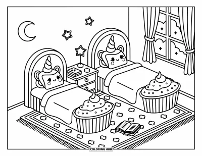 어른을 위한 유니콘 컵케이크 색칠공부: 컵케이크 모양 침대와 유니콘 뿔 헤드보드가 있는 침실