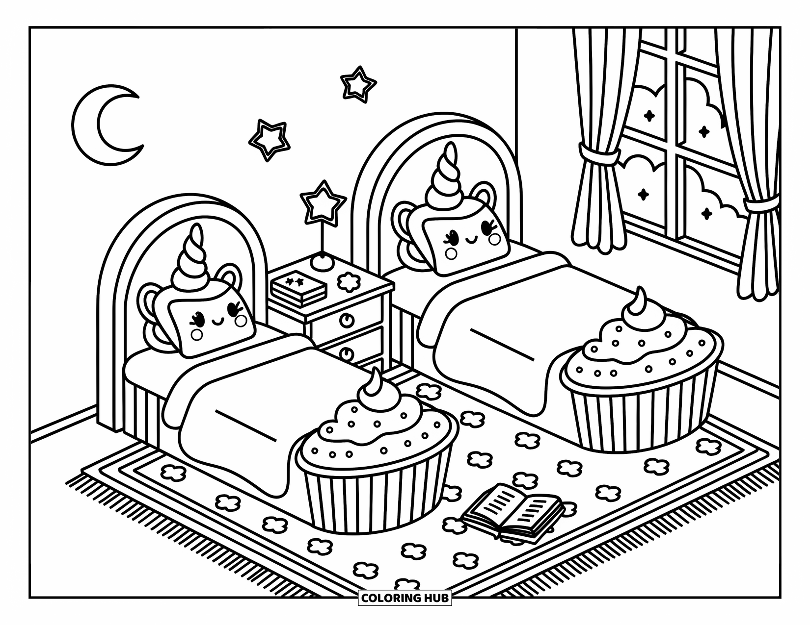 Unicorn Cupcake Coloring Page for Adults: Bedroom with cupcake-shaped beds and unicorn horn headboards