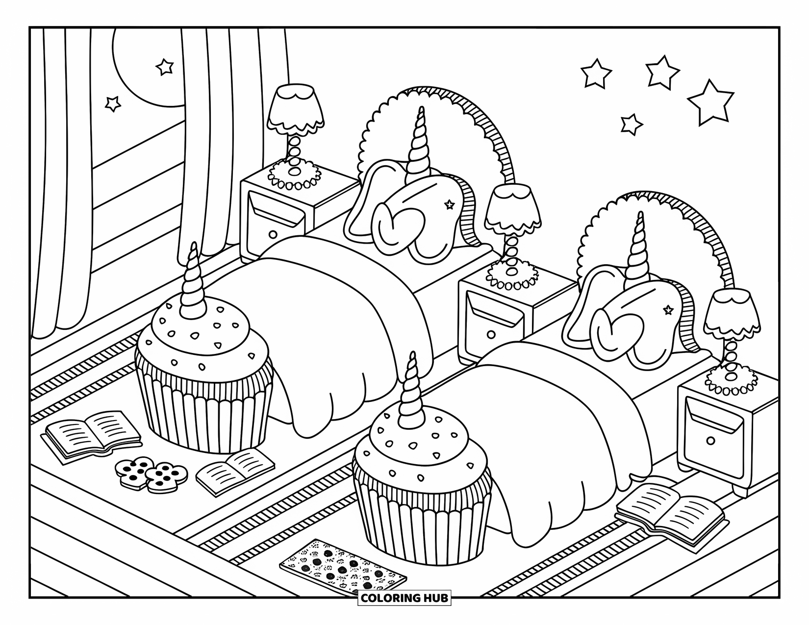 Unicorn Cupcake Coloring Page for Adults: Cozy room with cupcake beds, star lamps, and cookies