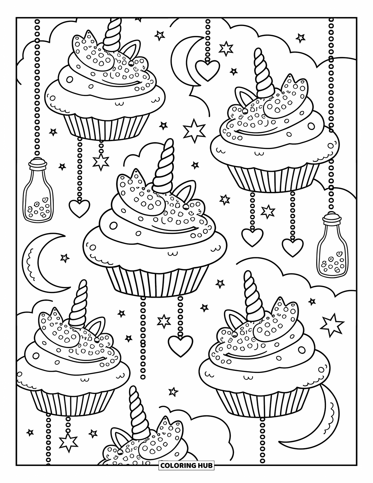 Unicorn Cupcake Coloring Page for Adults: Cupcake-shaped clouds floating with unicorn toppings and stars