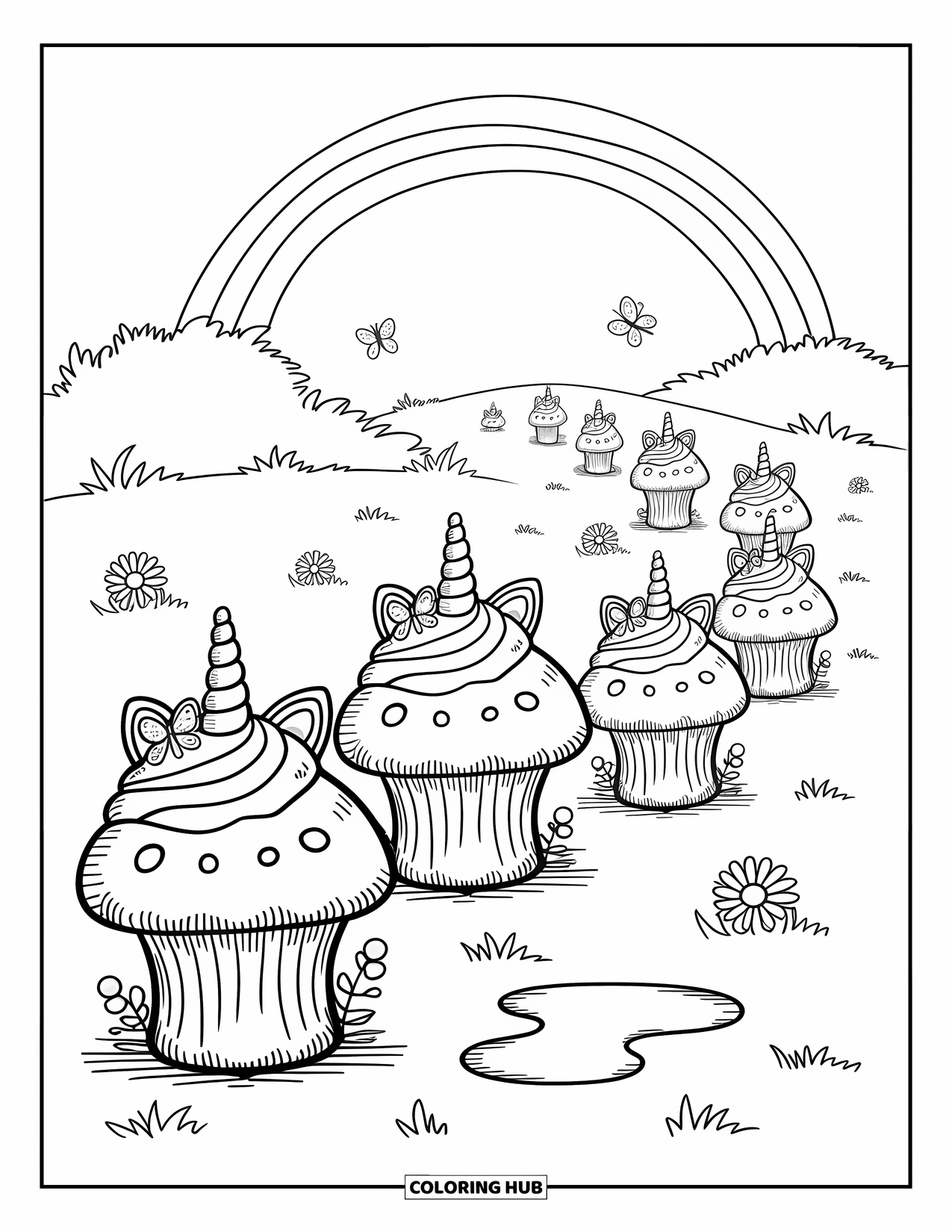 Unicorn Cupcake Coloring Page for Adults: Cupcake-shaped mushrooms with unicorn frosting across grassy hills