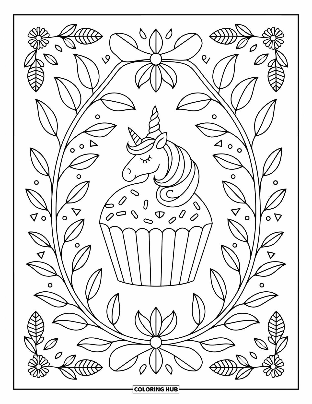 Unicorn Cupcake Coloring Page for Adults: Cupcake with crowned unicorn surrounded by patterned leaves and vines