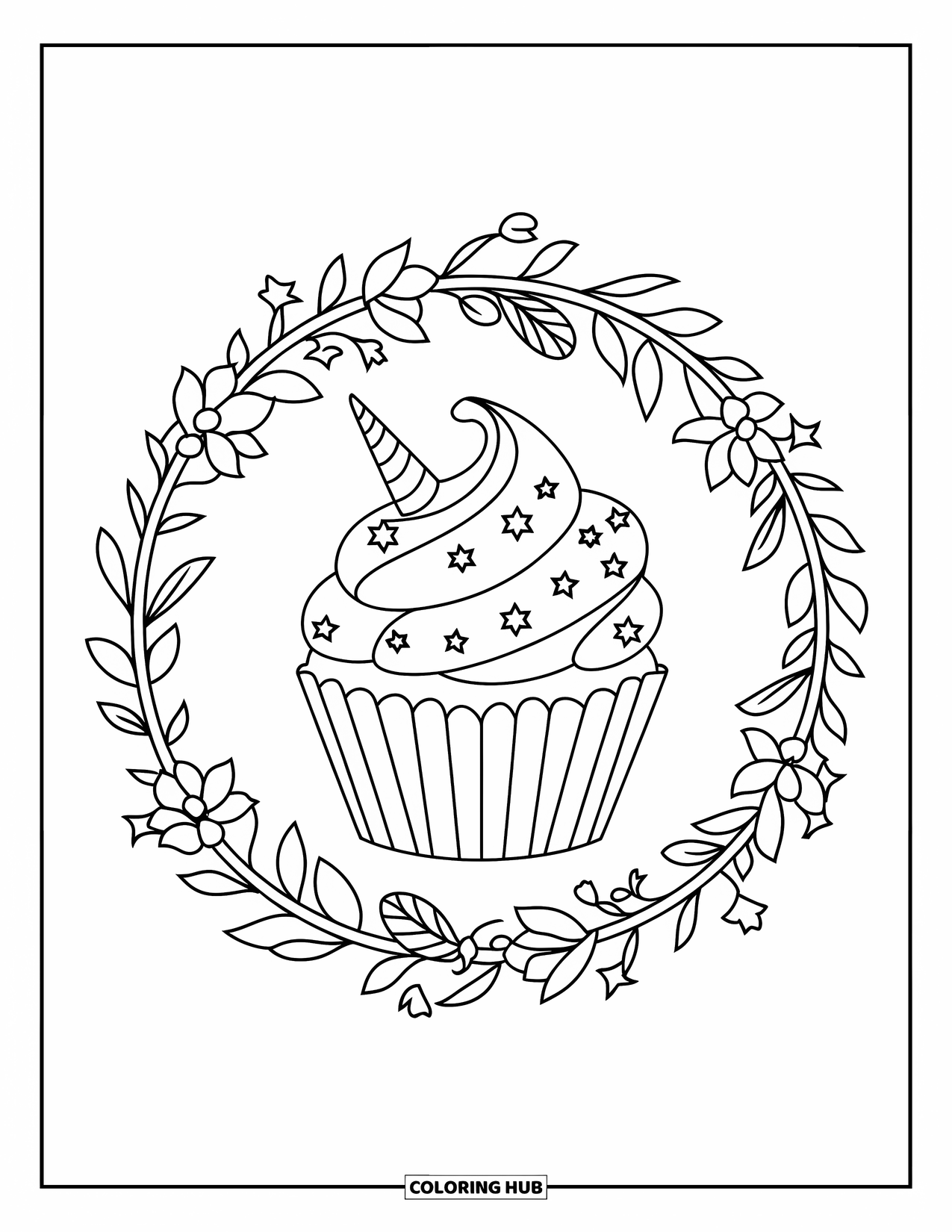 Unicorn Cupcake Coloring Page for Adults: Cupcake with unicorn swirl frosting inside a flower wreath