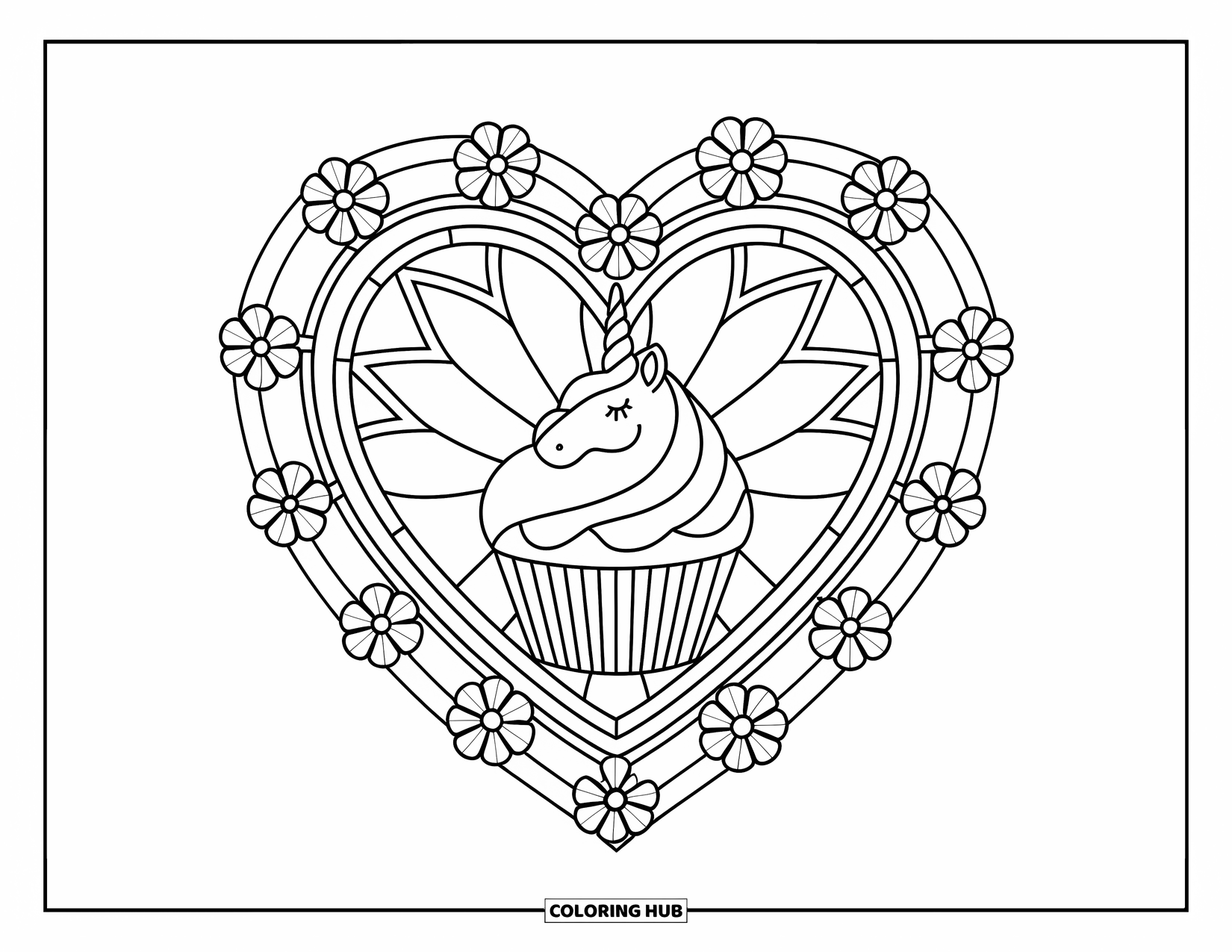 Unicorn Cupcake Coloring Page for Adults: Cupcake with unicorn topper inside a heart surrounded by flowers