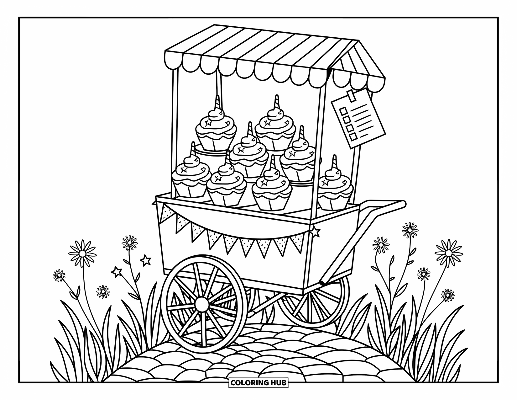 Unicorn Cupcake Coloring Page for Adults: Handcart filled with unicorn cupcake boxes on a cobblestone path