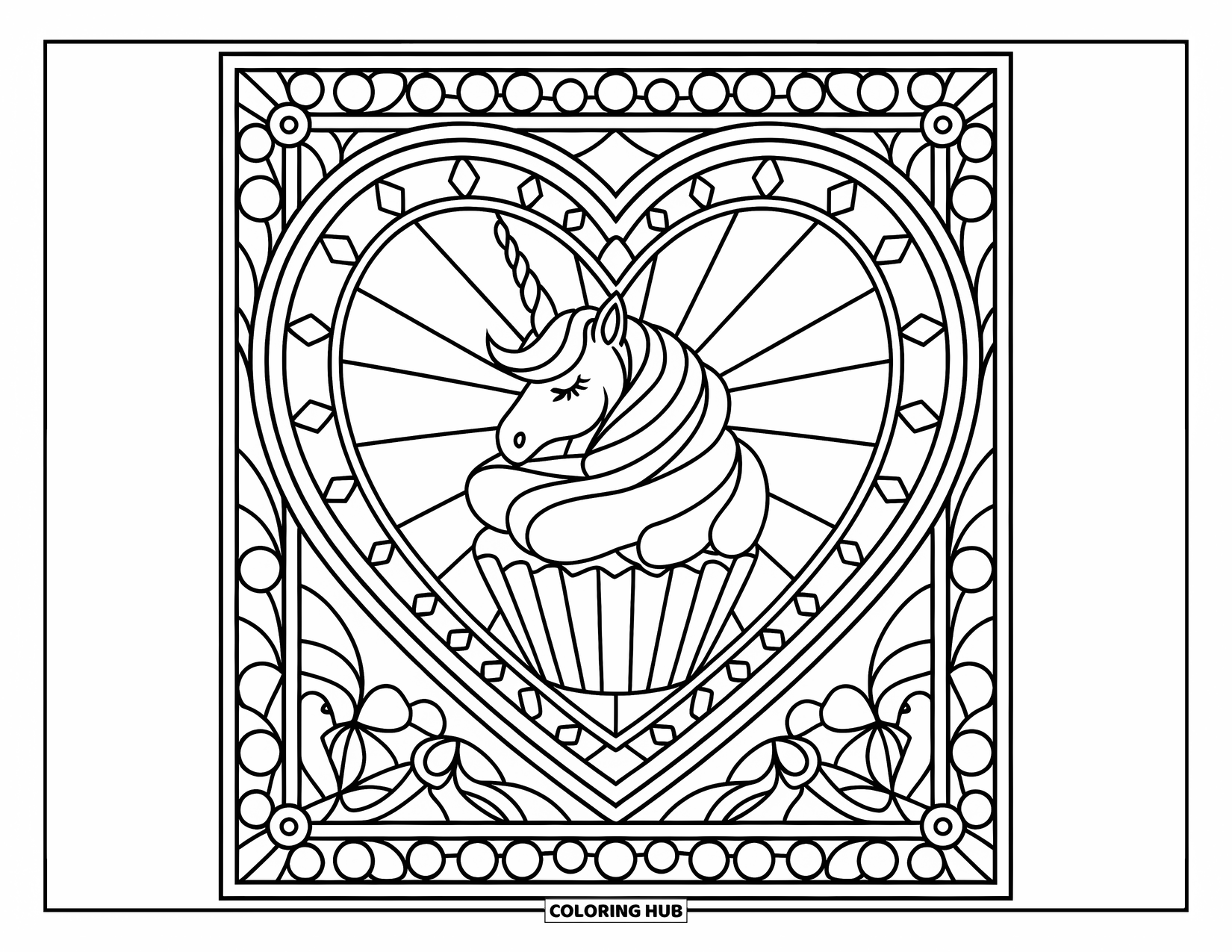 Unicorn Cupcake Coloring Page for Adults: Intricate stained glass heart framing a unicorn cupcake design