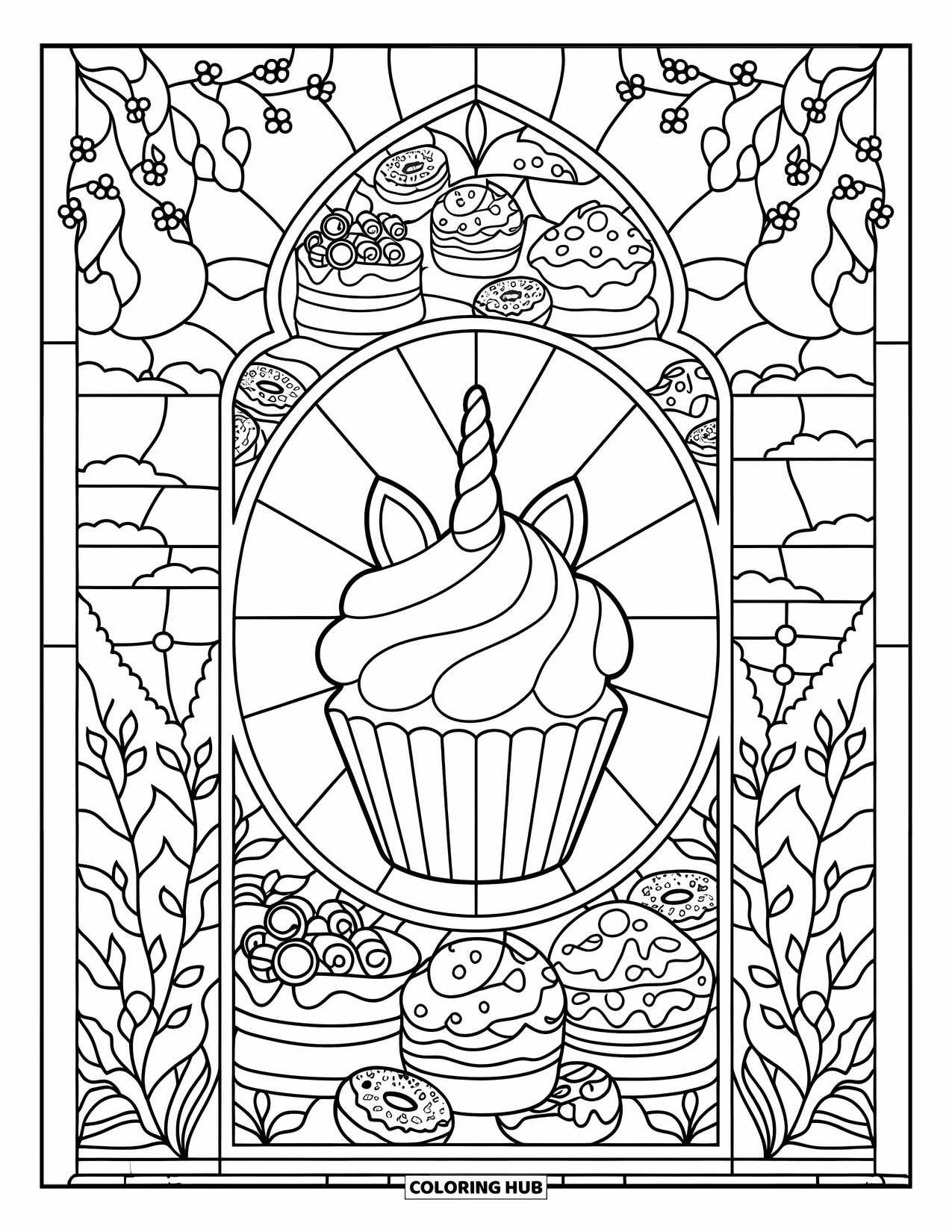 Unicorn Cupcake Coloring Page for Adults: Unicorn cupcake at the center of dessert-themed stained glass