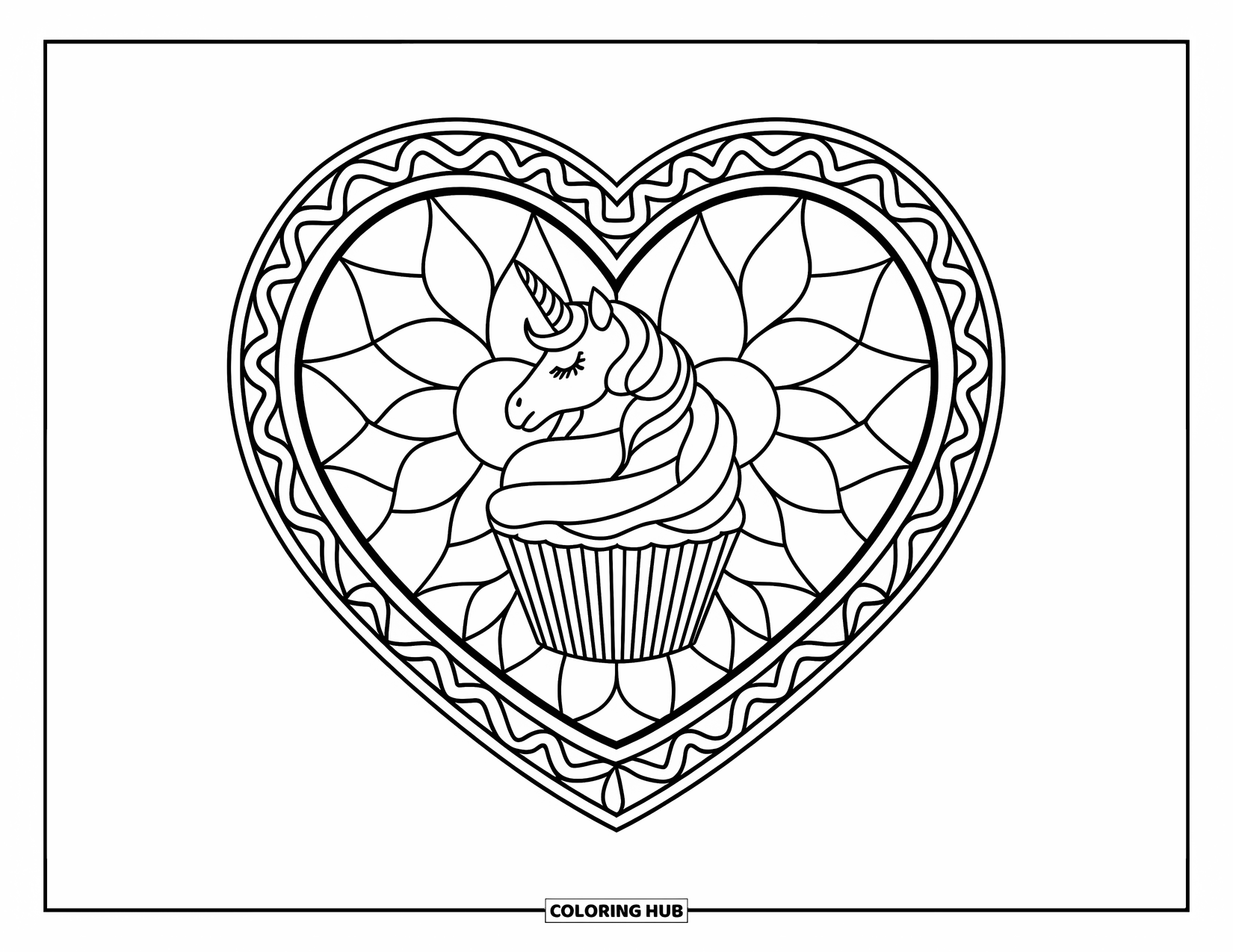 Unicorn Cupcake Coloring Page for Adults: Unicorn cupcake centered in a stained glass heart with floral borders