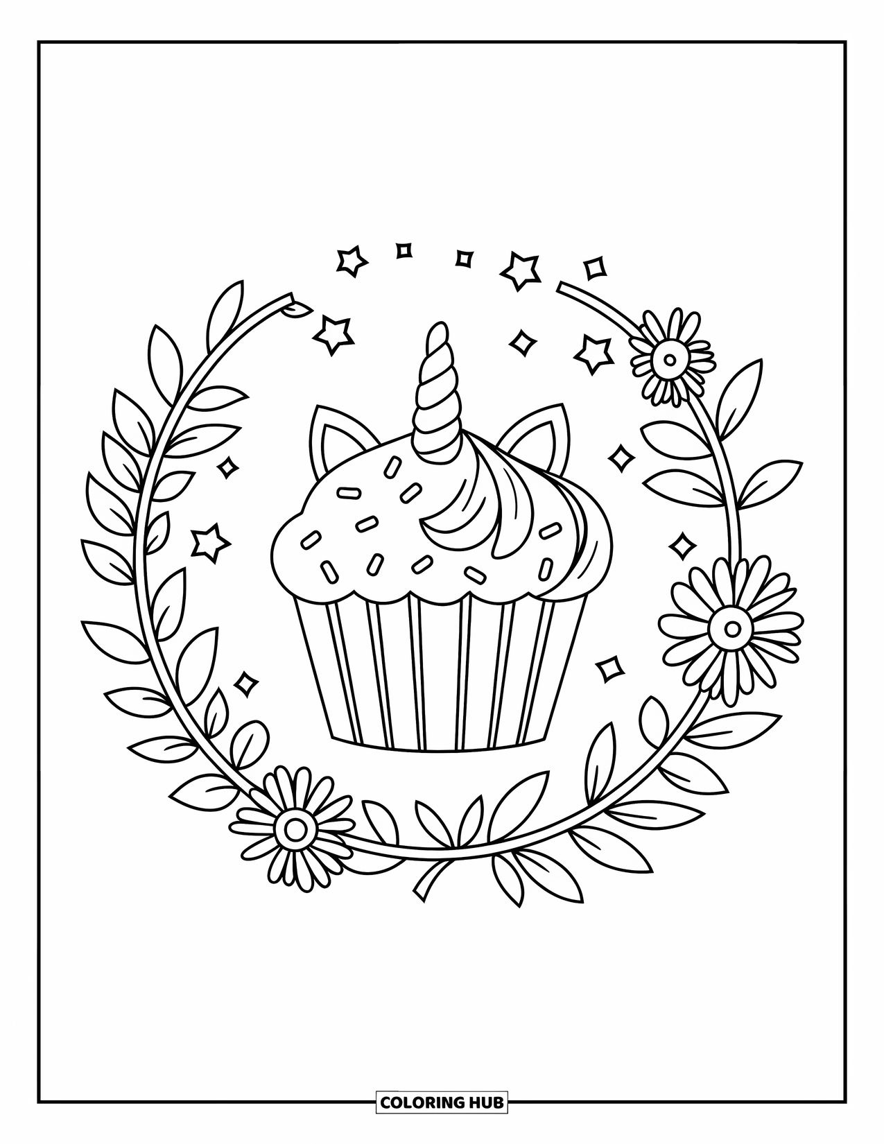 Unicorn Cupcake Coloring Page for Adults: Unicorn cupcake inside a floral circle with stars and sprinkles