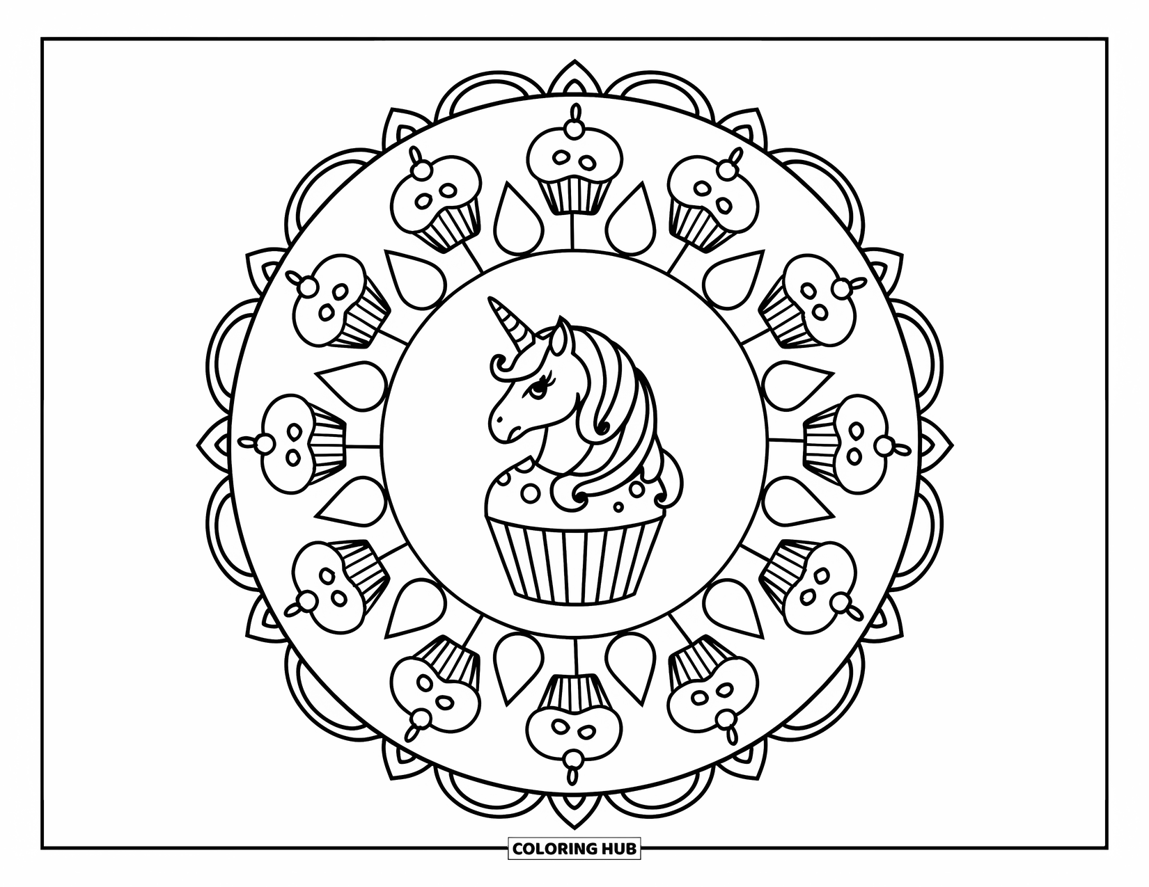 Unicorn Cupcake Coloring Page for Adults: Unicorn cupcake sits at the center of a sunburst mandala