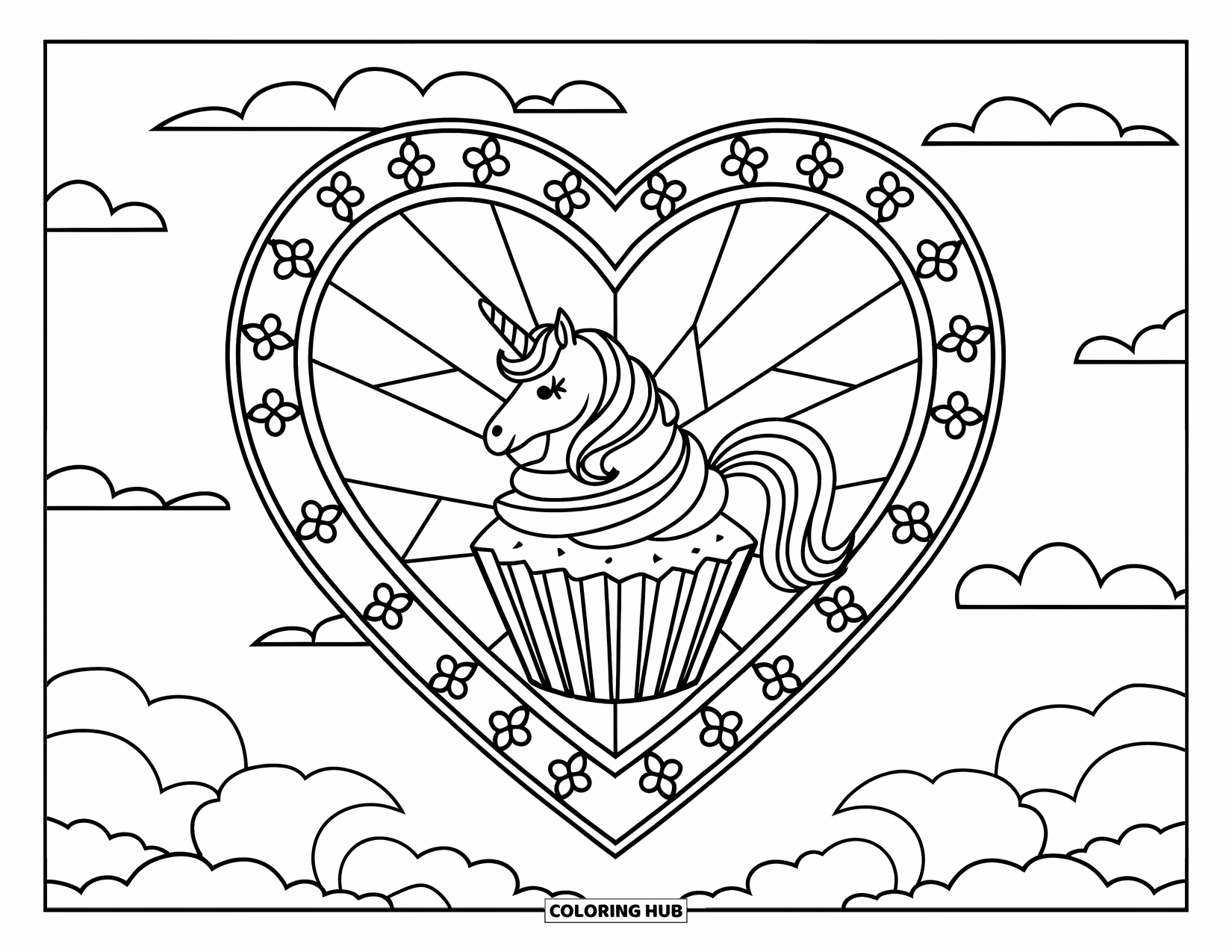 Unicorn Cupcake Coloring Page for Adults: Unicorn cupcake with rainbow tail inside a stained glass heart