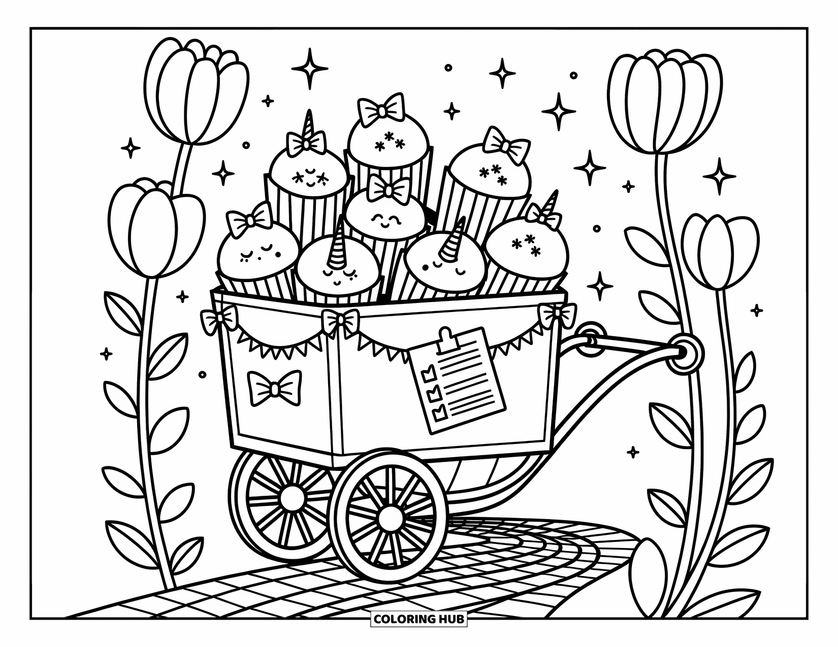 Unicorn Cupcake Coloring Page for Adults: Whimsical handcart with unicorn cupcakes and playful travel details